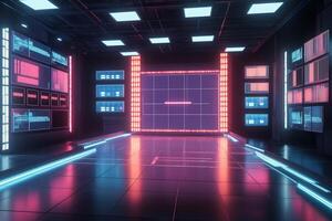 In a sleek control room filled with vibrant neon lights, multiple digital displays showcase data and analytics. photo