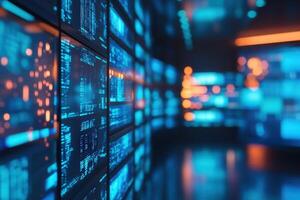 A high-tech data center environment features bright blue and orange lights on large screens displaying complex data. The atmosphere conveys a sense of innovation and advanced technology. photo