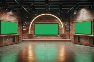 A spacious studio features multiple green screens against a textured brick wall. The area is well-lit with ambient lighting, perfect for filming and broadcasting. photo