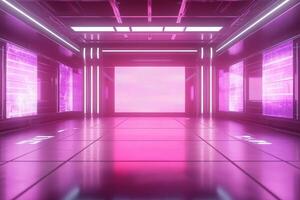 This space features glowing pink lighting, smooth floors, and high-tech walls, creating an immersive atmosphere ideal for digital gatherings or presentations in a cyber-inspired setting. photo