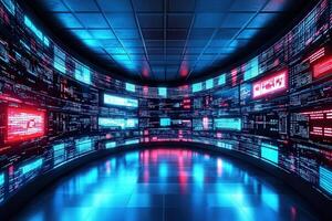 High-tech space filled with luminous screens displaying colorful data. The environment glows with blue, red, and teal lights, creating an immersive atmosphere for digital interaction. photo