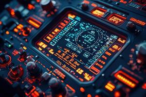 A detailed control panel features illuminated flight instruments and navigation systems in a dimly lit cockpit. Various buttons and dials reflect the complexity of aerospace technology. photo