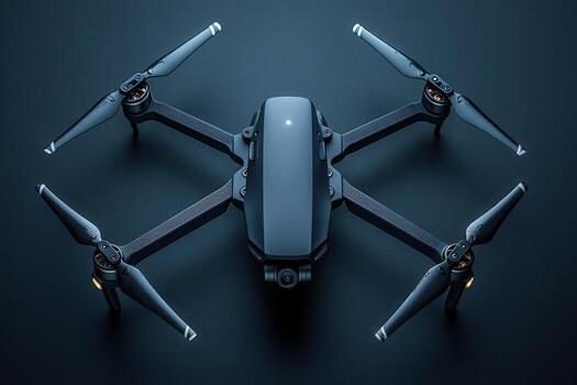 A sleek black drone designed with four propellers is positioned on a dark surface. It showcases advanced technology with its modern design and features, perfect for aerial photography and exploration. photo