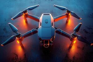 A modern drone with vibrant glowing lights is displayed against a dark background. Its sleek design and active propellers showcase a cutting-edge technology in aerial photography. photo