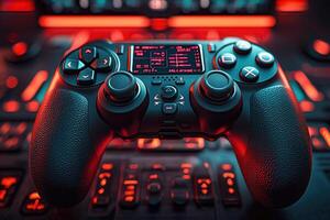 A dualshock gaming controller sits prominently on a keyboard featuring vivid red and blue lighting. The environment conveys a high-energy gaming atmosphere with tech-inspired elements. photo