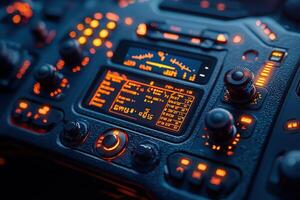 A detailed view of a control panel featuring illuminated buttons and displays, showcasing various instruments and settings in a contemporary cockpit environment at night. photo