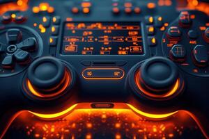 A gaming controller with vivid orange backlighting is prominently displayed on a dark surface. The design features intricate buttons and joysticks, emphasizing its advanced functionality for gamers. photo