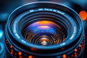 A detailed view of a camera lens reveals a mesmerizing array of blue and orange lights. The inner components and reflections create a stunning visual effect perfect for photography enthusiasts. photo