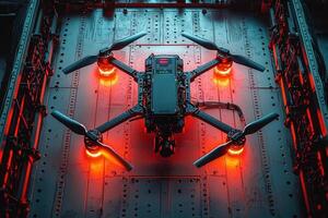 A high-tech drone featuring vibrant red-lit rotors is positioned on a dark metallic surface. The environment has an industrial feel, highlighting advanced technology just before takeoff. photo