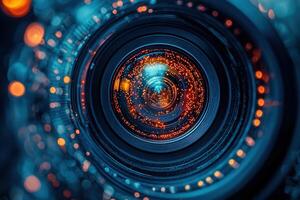 An intricate camera lens reveals sparkling lights and colorful reflections, emphasizing its structure and design. The composition highlights the beauty of photography equipment in detailed focus. photo