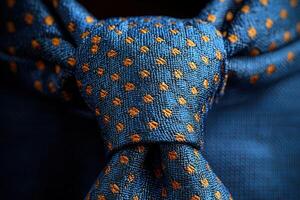 A close-up view showcases a blue tie adorned with small orange polka dots, highlighting its textured fabric. This accessory adds a touch of sophistication to formal attire, perfect for special events. photo
