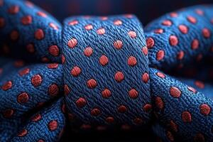 A close-up view highlights a blue bow tie adorned with red polka dots, showcasing intricate textile patterns and craftsmanship. The focus reveals texture and color contrast beautifully. photo