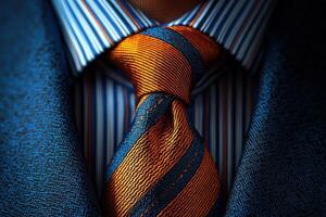 A close-up view showcases a tailored blue suit complemented by a striped shirt. The vibrant orange tie features a textured pattern, adding sophistication to the outfit. photo