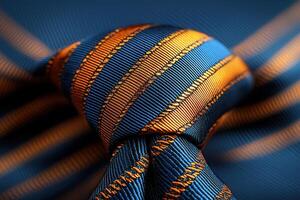Close-up view of a well-tied striped tie featuring alternating blue and orange stripes, ideal for business meetings or formal events. The rich texture highlights the craftsmanship of the accessory. photo
