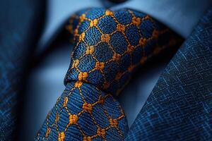 Close-up of a stylish blue tie featuring an intricate orange geometric pattern. This tie complements a tailored suit, ideal for formal occasions or business meetings, showcasing sophistication. photo