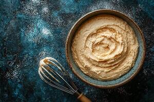 Smooth and creamy buttercream frosting is blended in a bowl, with a whisk resting beside it. The dark blue surface adds contrast, making the frosting the focal point of the setup. photo