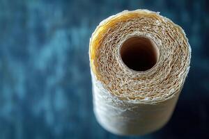 A close-up view of a rolled natural fiber sheet reveals its intricate texture and layered design. The background features a subtle blue hue, emphasizing the organic quality of the material. photo