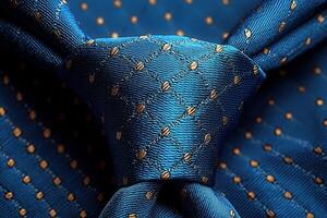 The blue tie features an intricate pattern of gold dots and is tied neatly in a classic knot. This accessory adds sophistication to formal attire, perfect for special events. photo