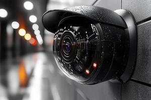 A security camera is positioned against a wet wall, illuminated by soft bokeh lights in the background. It records the surroundings during a rainy night, ensuring safety and surveillance. photo