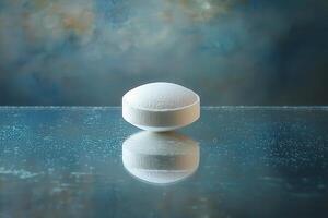A round white tablet is placed on a smooth glass surface. It reflects light beautifully against a softly blurred blue background, creating a calm and serene atmosphere. photo