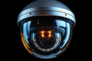 A dome surveillance camera is positioned against a dark background, featuring a prominent lens and LED lights. It serves to enhance security by monitoring the surrounding area effectively. photo