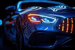A sleek electric car with striking blue and orange lights stands out in a dark environment. Reflection of neon patterns enhances its futuristic appearance. photo