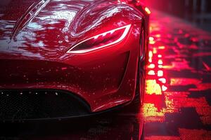 A striking red sports car with distinctive headlights is parked on a wet street during night. Reflections from the wet pavement enhance the dramatic atmosphere around the vehicle. photo