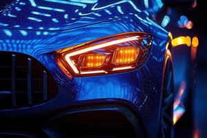 A blue car with striking orange headlights stands out in a vibrant atmosphere filled with colorful lights. The reflections create a dynamic and modern setting, highlighting the cars design. photo