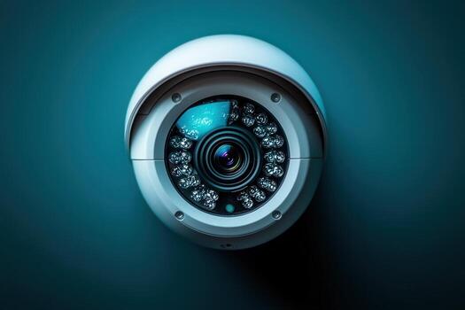 A dome-style security camera features multiple LED lights and a clear lens, mounted on a teal background, suitable for monitoring various locations at any time. photo