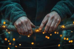 Two hands gently position glowing lights around a branch during a cold evening outdoors. The twinkling lights create a cozy atmosphere and highlight the beauty of nature. photo