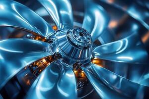 A detailed look at a metallic fan blade highlights its sleek design and shimmering surface. The blue-toned lighting enhances the visual appeal, showcasing the craftsmanship behind the component. photo