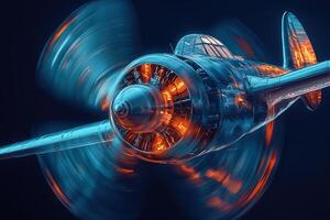 A vintage airplane propeller spins rapidly against a dark backdrop, showcasing glowing engine components and intricate design details in a captivating display of motion and light. photo