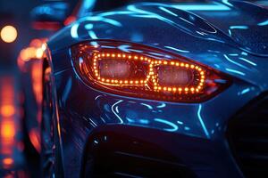 A striking modern car showcases its illuminated headlights with orange LED lights. The reflections and neon backdrop enhance the futuristic atmosphere, highlighting its design. photo