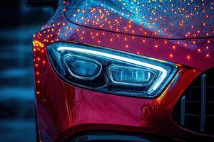 A close-up of a red cars headlight illuminated by blue light, surrounded by raindrops reflecting city lights at night. The wet surface adds a moody atmosphere to the urban scene. photo