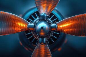 A detailed view of an aircraft propeller highlighting its metallic blades and intricate components. The image captures reflections and textures, showcasing engineering precision in aviation. photo