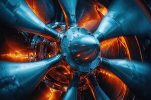Tightly framed shot of a jet engine turbine highlighting the power and complexity of its design. The warm lighting accentuates the metallic textures and spinning blades. photo
