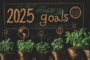 Small potted plants are displayed with a chalkboard backdrop featuring sustainability goals for 2025. The artwork highlights global unity and environmental awareness through visual elements. photo