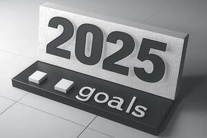 A modern display emphasizes the year 2025 alongside the word goals in a clean, minimalist font. The design features contrasting colors on a smooth surface, promoting focus and clarity. photo