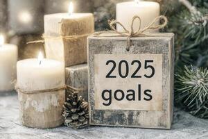 Decorative wooden blocks display the phrase 2025 goals surrounded by lit candles and pine cones, creating a warm and inviting atmosphere for setting intentions for the upcoming year. photo