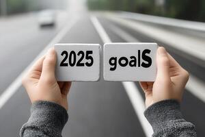 Two hands hold blocks displaying 2025 and goals against a blurred road background. The scene conveys ambition and future planning during a calm moment, perfect for reflection. photo