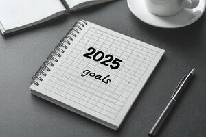 A clean notebook features the words 2025 goals prominently on the page. A coffee cup and an open notebook are nearby, creating a cozy setting for planning and reflection. photo