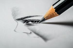 A skilled artist carefully sketches the eye of a portrait using a sharpened pencil, showing incredible attention to detail on paper. The focus is on creating lifelike features. photo