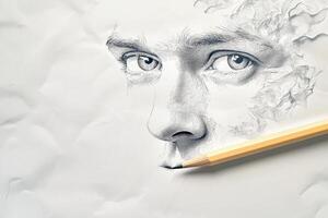 A close-up of a detailed pencil drawing of a human face, highlighting expressive eyes and subtle textures on crumpled paper. A pencil rests beside the artwork, enhancing the artistic process. photo