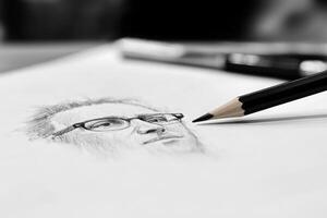 A detailed sketch of a mans face is being created with a graphite pencil on white paper. The focus is on the pencil tip near the drawing, highlighting a creative moment in a calm environment. photo