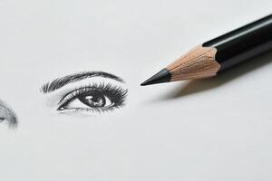 A close-up view of a skillfully drawn eye, highlighting intricate details like eyelashes and shading. A sharpened pencil is positioned next to the artwork, ready for further touches. photo