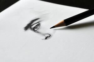 A pencil rests close to a meticulously sketched eye and nose on a blank sheet of paper. The drawing showcases fine details and shading, reflecting artistic skill and precision. photo