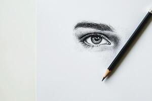 Close-up of a realistic pencil drawing showcasing an eye. The drawing highlights intricate details such as eyelashes and shading. photo