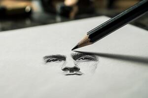 An intricate pencil sketch of a human face is in progress. A sharpened pencil is poised above the paper, capturing fine details in a well-lit creative workspace with art supplies around. photo