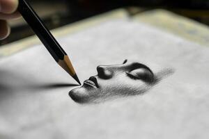A hand holds a pencil carefully sketching the delicate features of a womans profile on textured paper. The workspace is filled with artistic tools, reflecting a moment of inspiration. photo