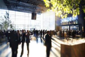 A busy conference hall filled with professionals networking and engaging in discussions. Large windows illuminate the space, creating a vibrant atmosphere for collaboration and interaction. photo